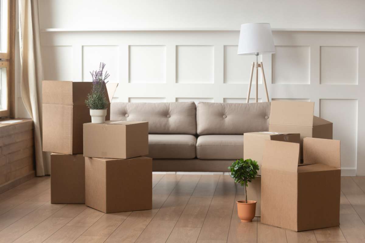 Moving day concept, cardboard carton boxes stack with household belongings in modern house living room
