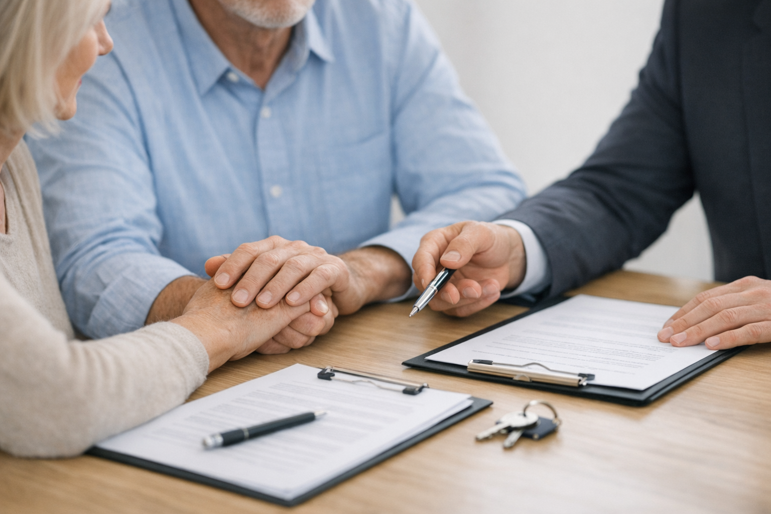 Clean, minimal image of a supportive handshake between family and trusted advisor reviewing clear probate documents